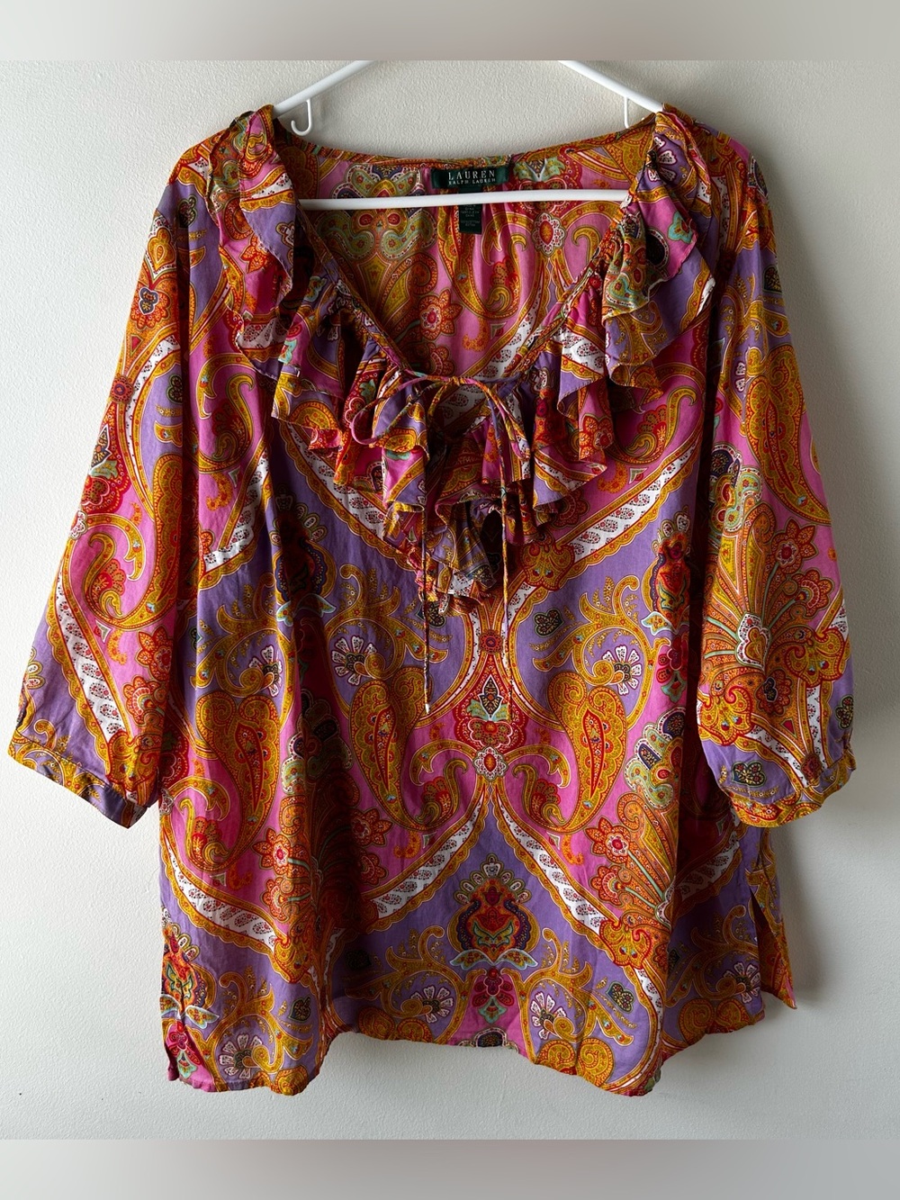 Boho Lauren Ralph Lauren Ruffle Blouse 3/4 Sleeve Paisley Orange Purple Pink 1X